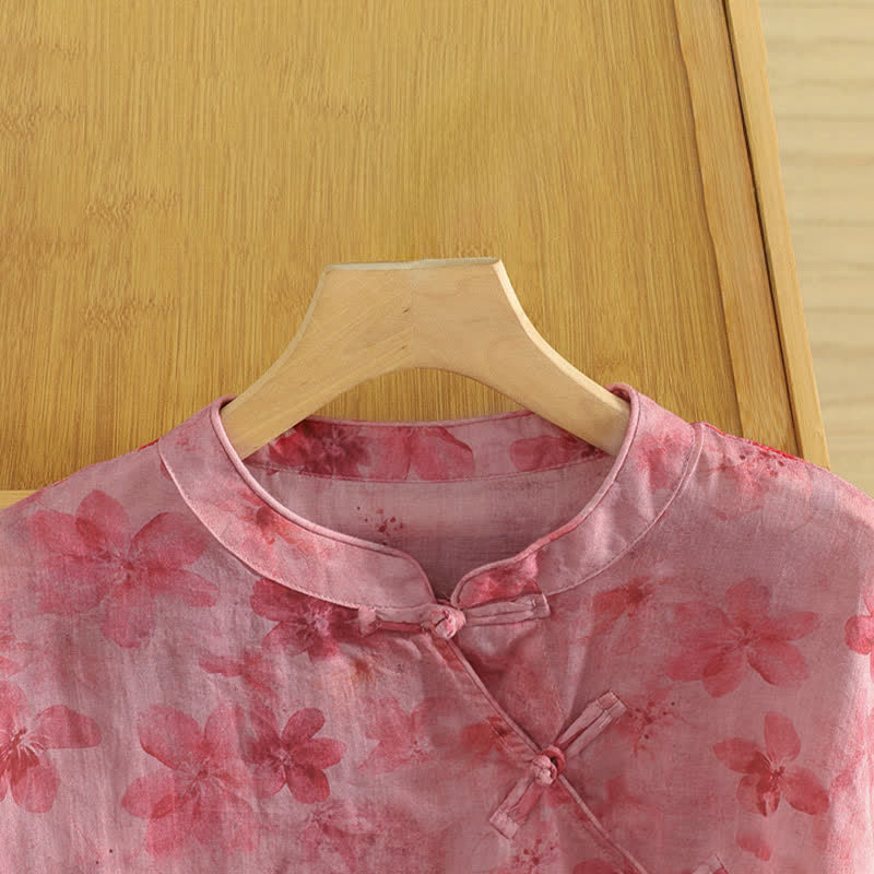Nimara Ritual Summer Tang Style Casual Mandarin Collar Pink Floral Tank Top Women's Sleeveless Shirts