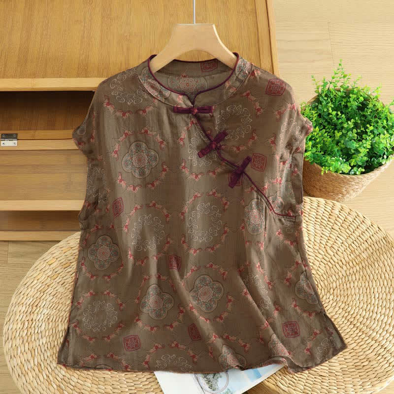 Nimara Ritual Summer Tang Style Vintage Mandarin Collar Frog Button Floral Gourd Horse Tank Top Women's Sleeveless Shirts