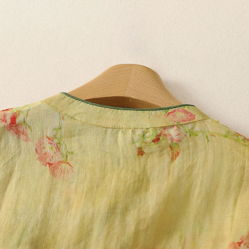 Nimara Ritual Summer Tang Style Vintage Mandarin Collar Pink Flowers Tank Top Women's Sleeveless Shirts