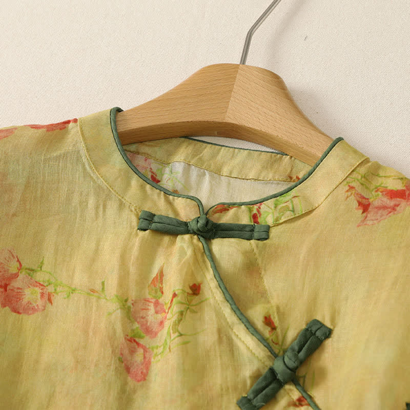 Nimara Ritual Summer Tang Style Vintage Mandarin Collar Pink Flowers Tank Top Women's Sleeveless Shirts