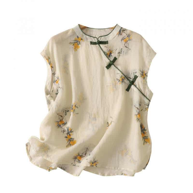 Nimara Ritual Summer Tang Style Vintage Mandarin Collar Yellow Loquat Floral Tank Top Women's Sleeveless Shirts