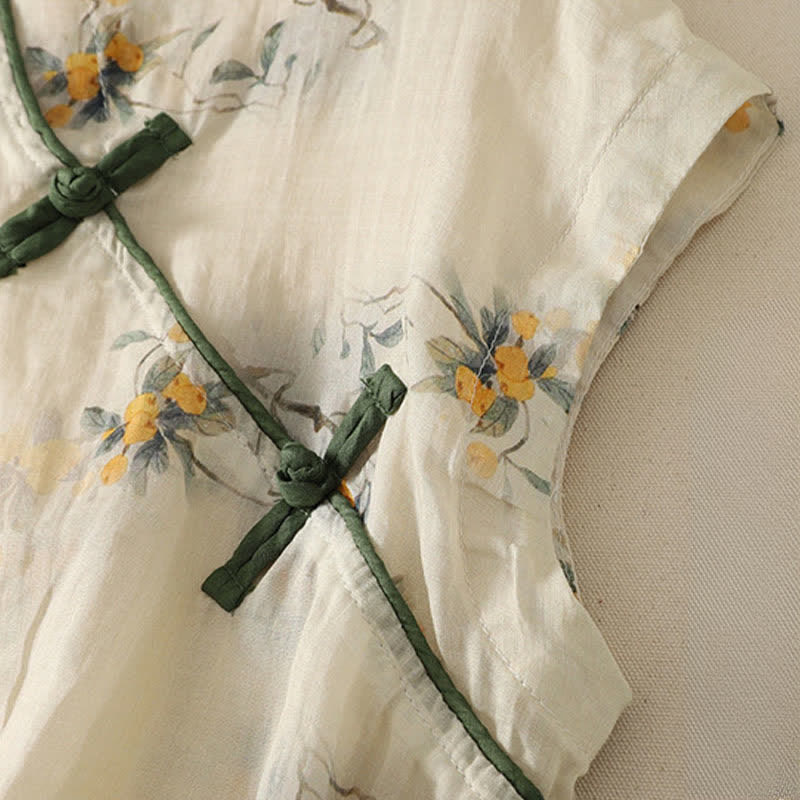 Nimara Ritual Summer Tang Style Vintage Mandarin Collar Yellow Loquat Floral Tank Top Women's Sleeveless Shirts