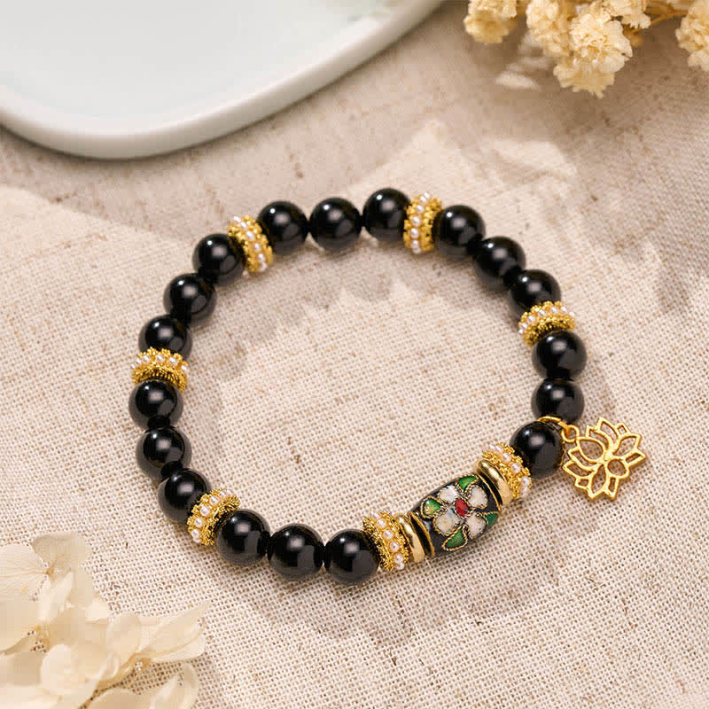Nimara Ritual Black Obsidian CloisonnA Enamel Flowers Lotus Pendant Protection Round Bead Bracelet