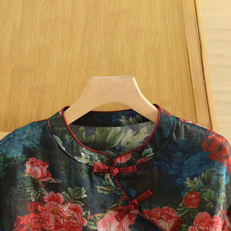 Nimara Ritual Summer Tang Style Vintage Frog Button Orchid Floral Women's Sleeveless Shirts Tank Top