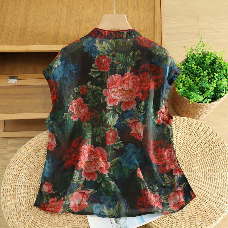 Nimara Ritual Summer Tang Style Vintage Frog Button Orchid Floral Women's Sleeveless Shirts Tank Top