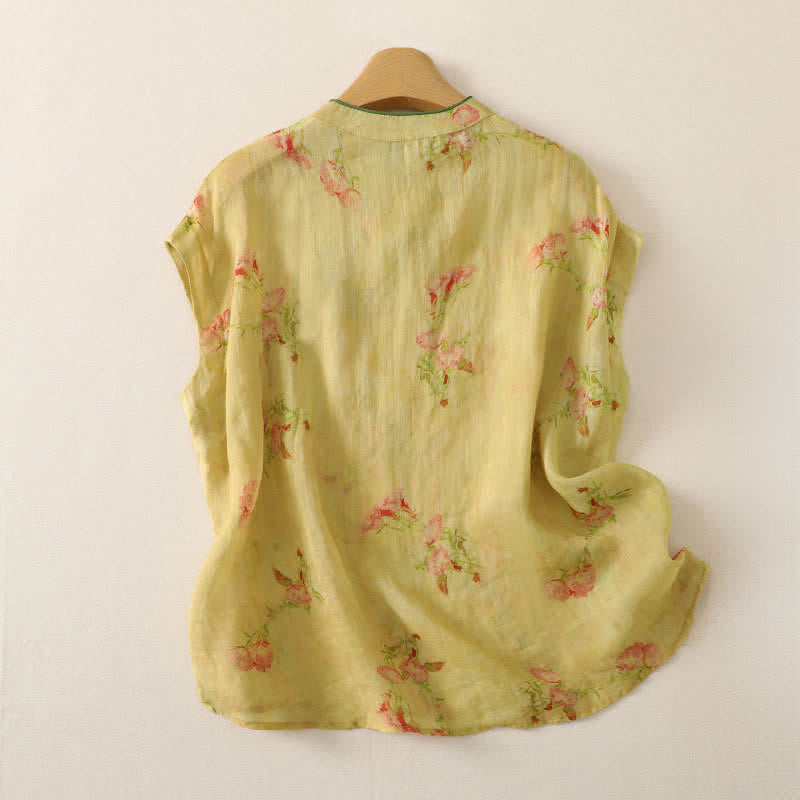Nimara Ritual Summer Tang Style Vintage Frog Button Orchid Floral Women's Sleeveless Shirts Tank Top