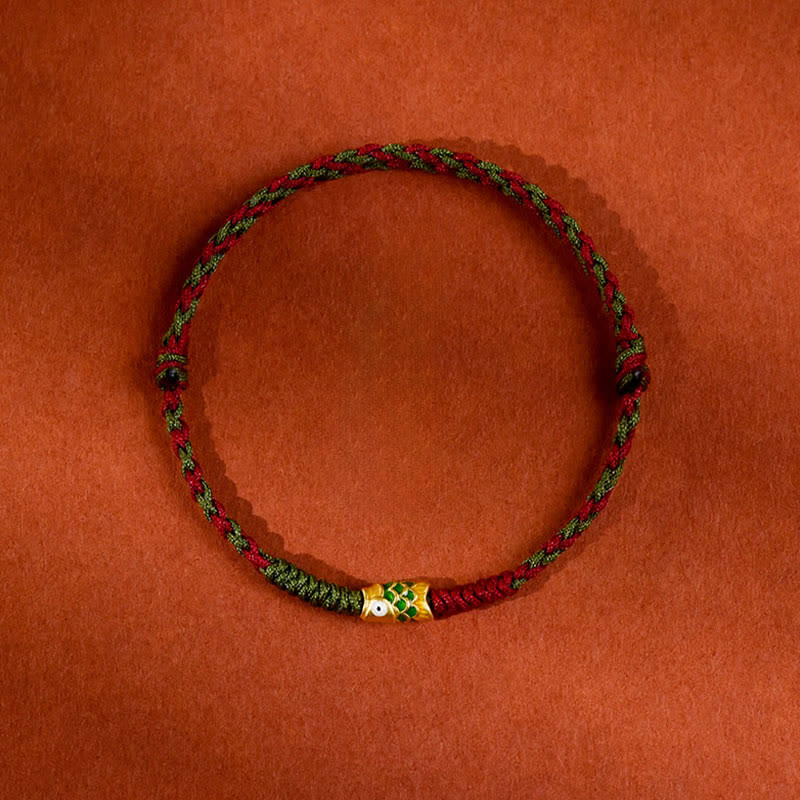 Nimara Ritual 999 Gold Braided Colorful Red Green String Koi Fish Luck Bracelet Anklet