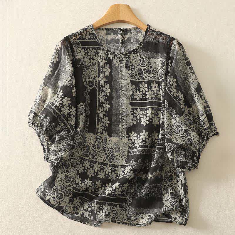 Nimara Ritual Summer Casual Vintage Black Floral Patchwork Women's Short Sleeve Shirts