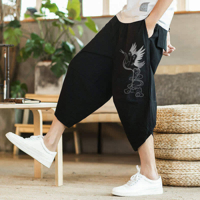 Nimara Ritual Summer Casual Vintage Drawstring Crane Print Capri Pants Men's Harem Pants With Pocket