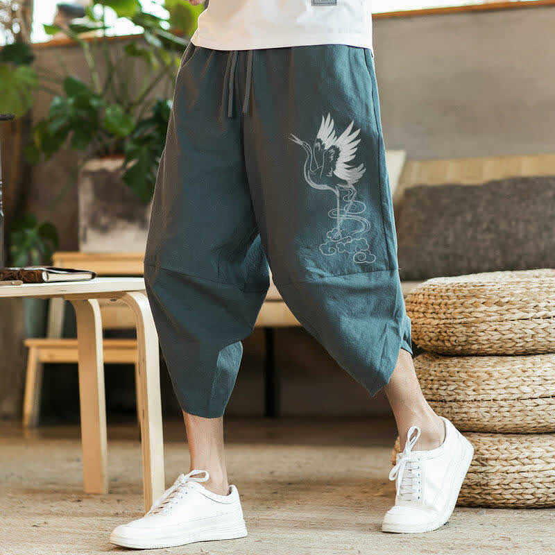 Nimara Ritual Summer Casual Vintage Drawstring Crane Print Capri Pants Men's Harem Pants With Pocket