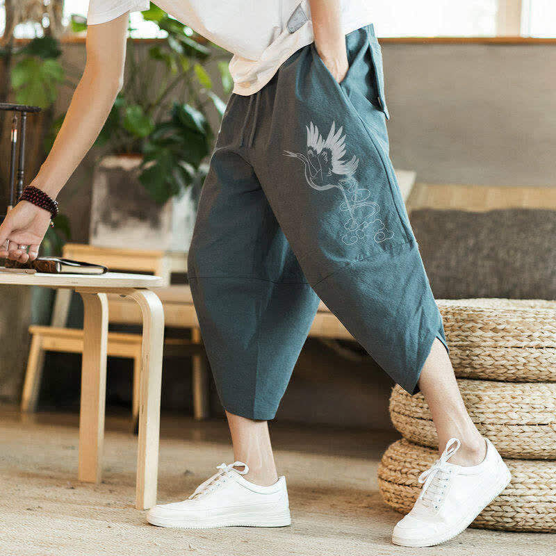 Nimara Ritual Summer Casual Vintage Drawstring Crane Print Capri Pants Men's Harem Pants With Pocket