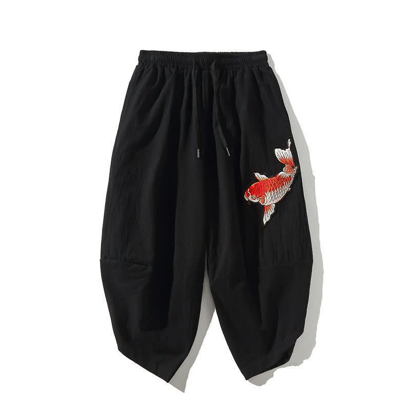 Nimara Ritual Summer Tang Style Drawstring Koi Fish Capri Pants Men's Harem Pants With Pocket