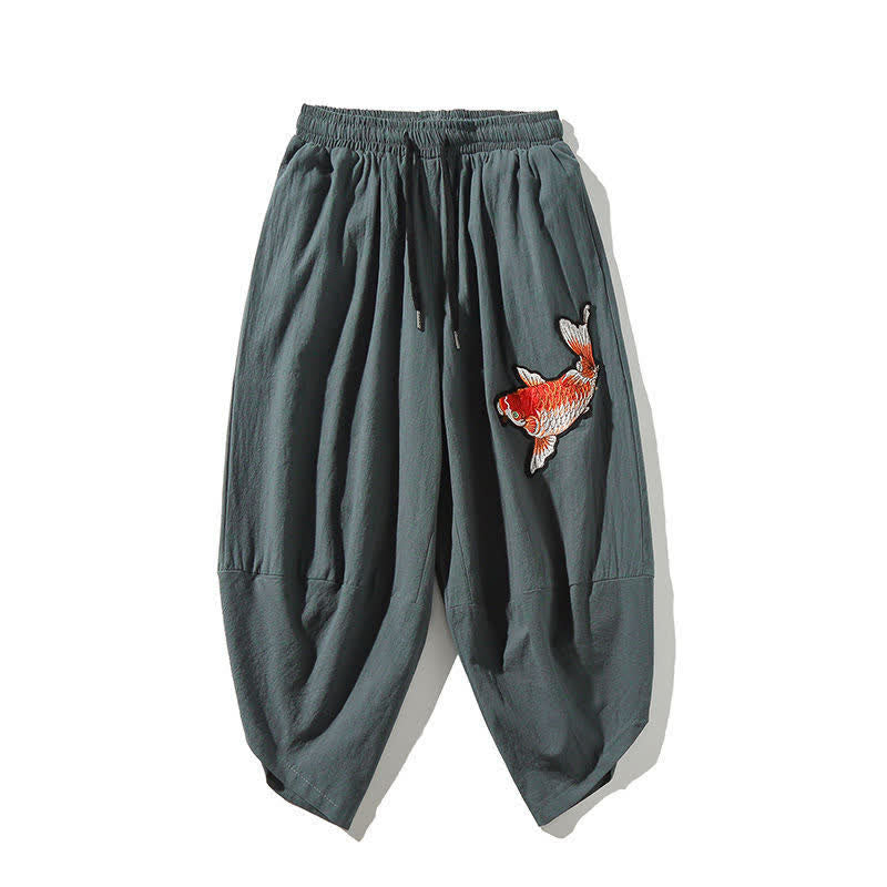 Nimara Ritual Summer Tang Style Drawstring Koi Fish Capri Pants Men's Harem Pants With Pocket