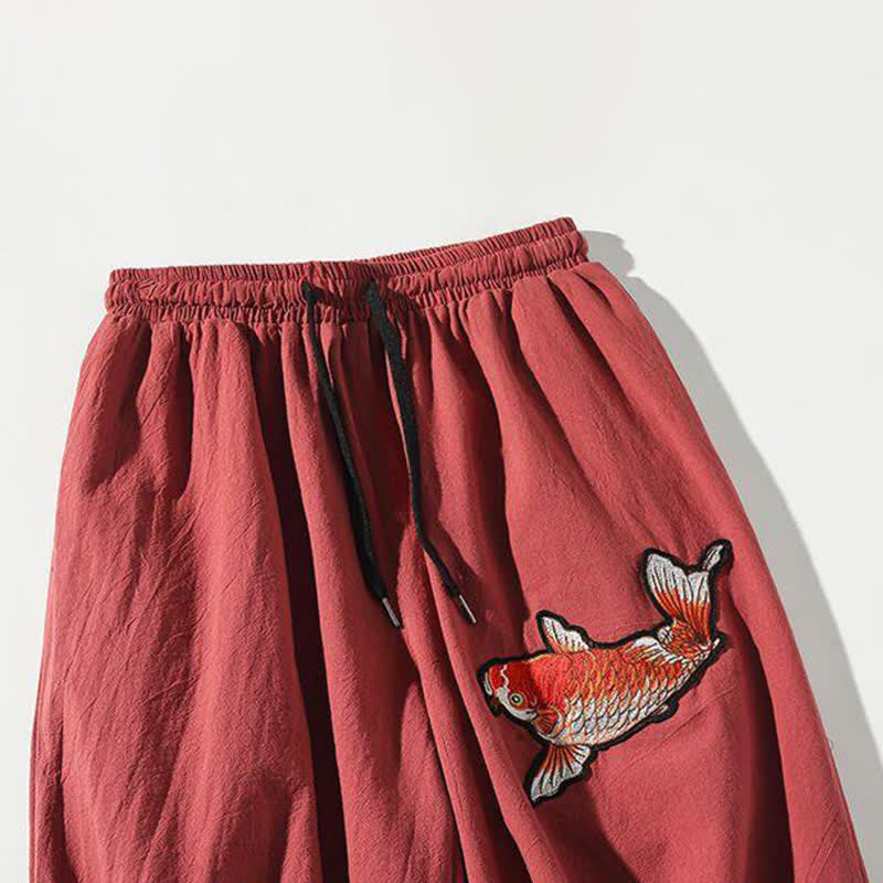 Nimara Ritual Summer Tang Style Drawstring Koi Fish Capri Pants Men's Harem Pants With Pocket