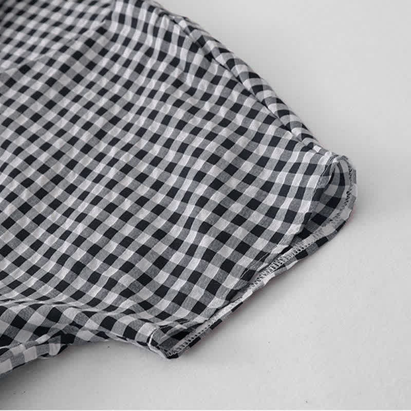 Nimara Ritual Summer Vintage Plaid V-Neck Women's Short Sleeve Dress With Pocket