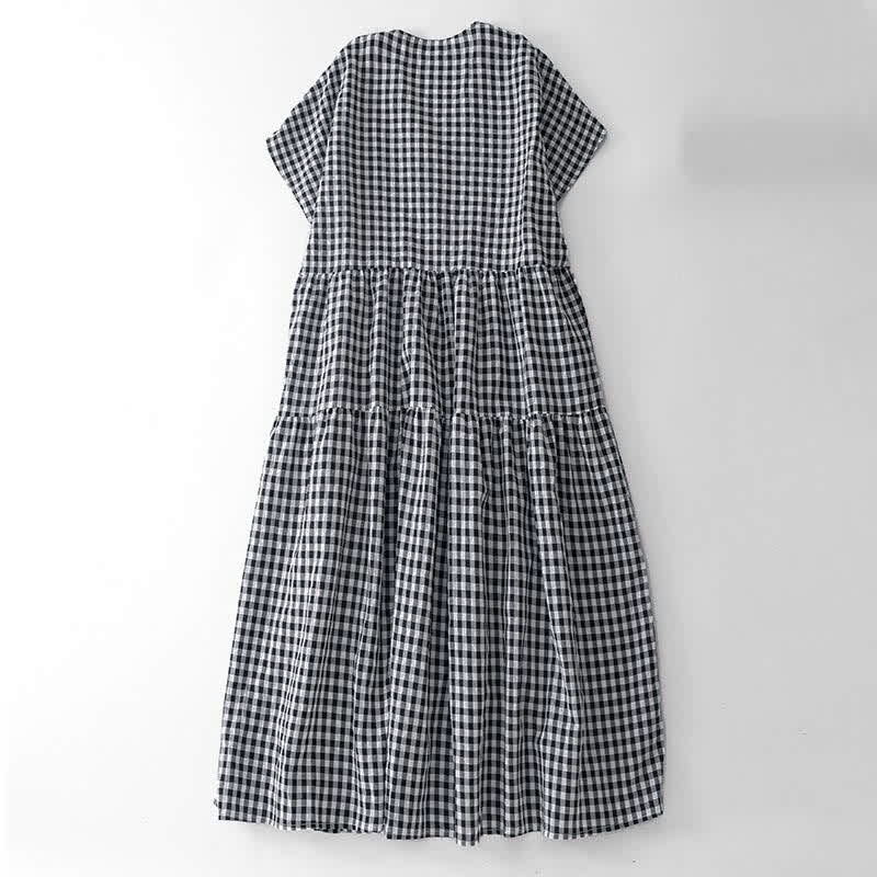 Nimara Ritual Summer Vintage Plaid V-Neck Women's Short Sleeve Dress With Pocket