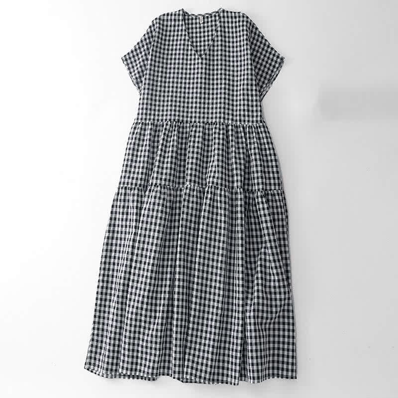Nimara Ritual Summer Vintage Plaid V-Neck Women's Short Sleeve Dress With Pocket