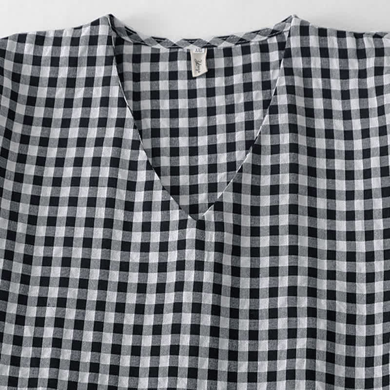 Nimara Ritual Summer Vintage Plaid V-Neck Women's Short Sleeve Dress With Pocket