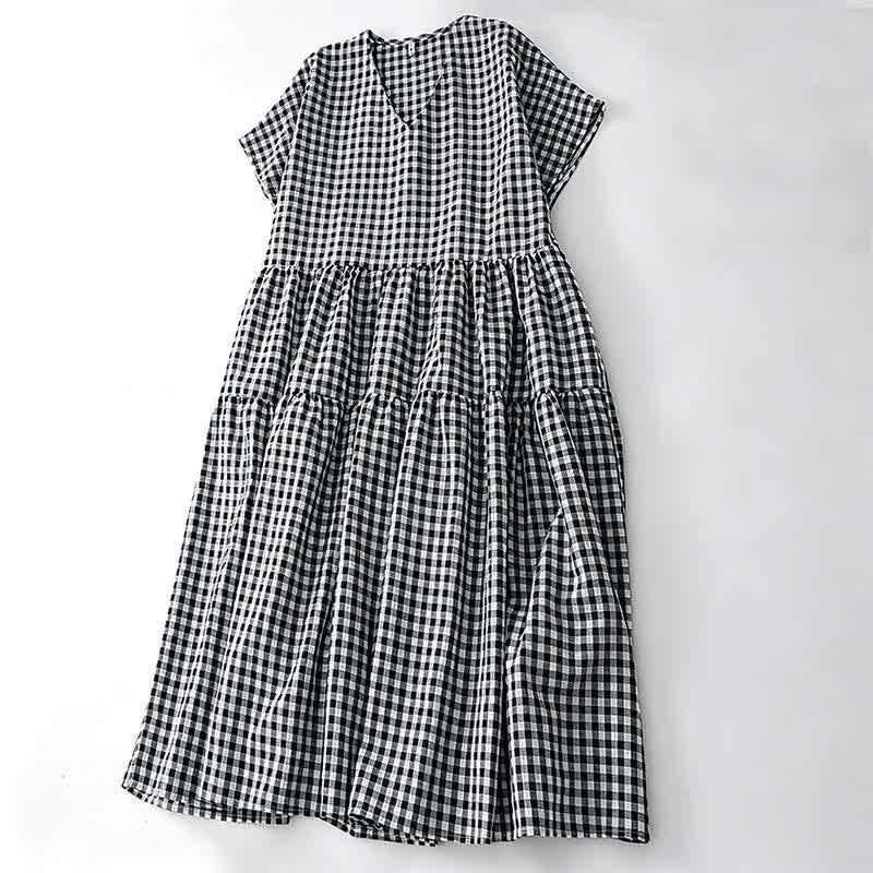 Nimara Ritual Summer Vintage Plaid V-Neck Women's Short Sleeve Dress With Pocket