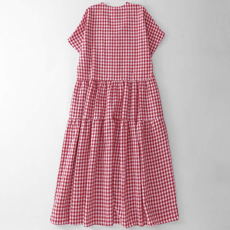 Nimara Ritual Summer Vintage Plaid V-Neck Women's Short Sleeve Dress With Pocket