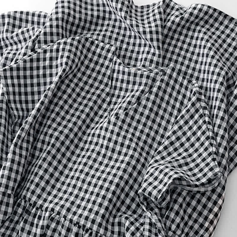 Nimara Ritual Summer Vintage Plaid V-Neck Women's Short Sleeve Dress With Pocket