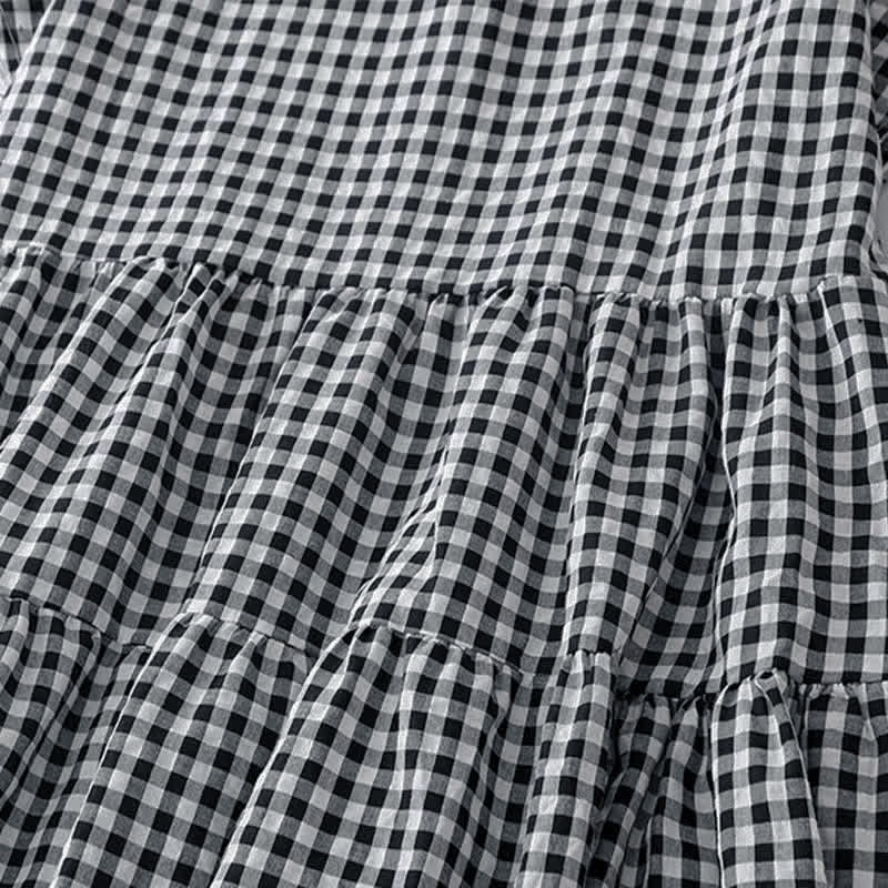 Nimara Ritual Summer Vintage Plaid V-Neck Women's Short Sleeve Dress With Pocket