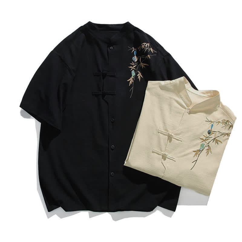 Nimara Ritual Summer Tang Style Mandarin Collar Frog Button Leaf Embroidery Men's Short Sleeve Shirts