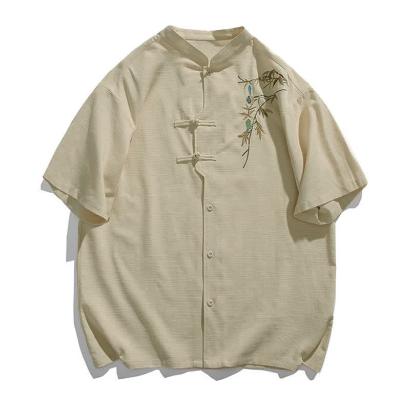 Nimara Ritual Summer Tang Style Mandarin Collar Frog Button Leaf Embroidery Men's Short Sleeve Shirts