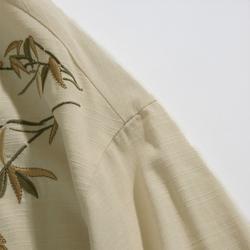 Nimara Ritual Summer Tang Style Mandarin Collar Frog Button Leaf Embroidery Men's Short Sleeve Shirts