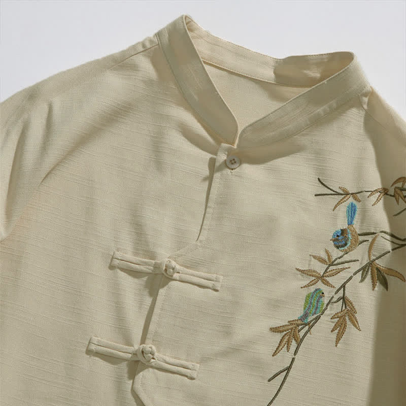 Nimara Ritual Summer Tang Style Mandarin Collar Frog Button Leaf Embroidery Men's Short Sleeve Shirts