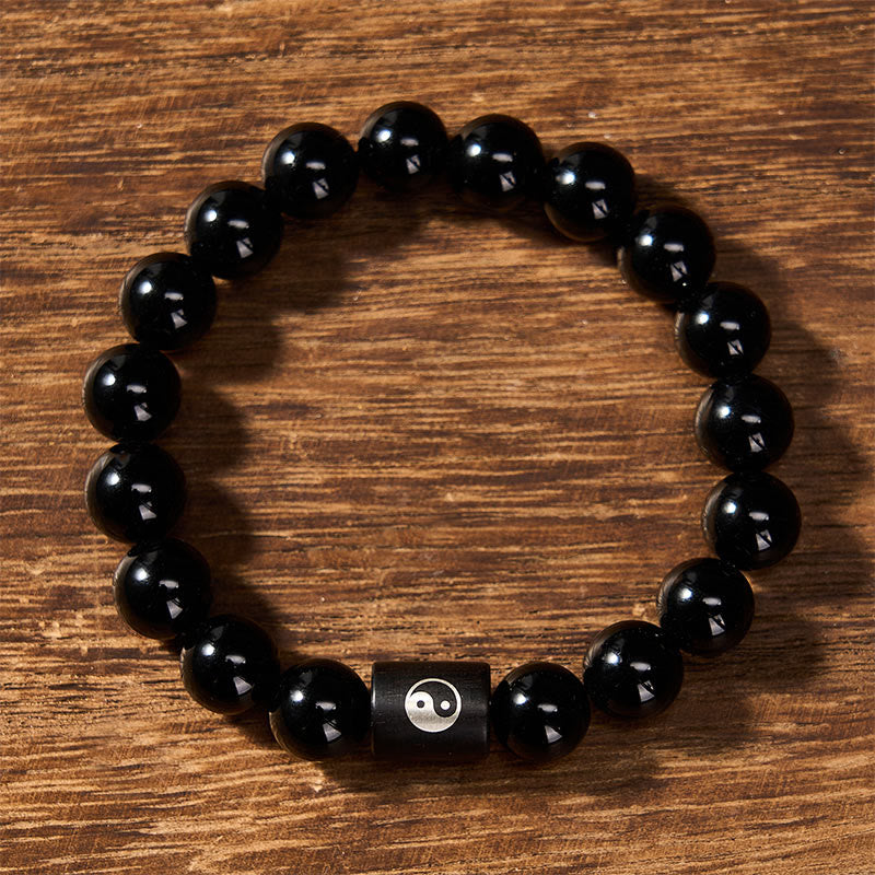 Nimara Ritual Ebony Wood Yin Yang Balance Inlaid Barrel Bead Bracelet