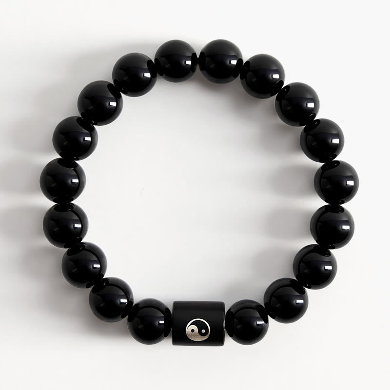 Nimara Ritual Ebony Wood Yin Yang Balance Inlaid Barrel Bead Bracelet