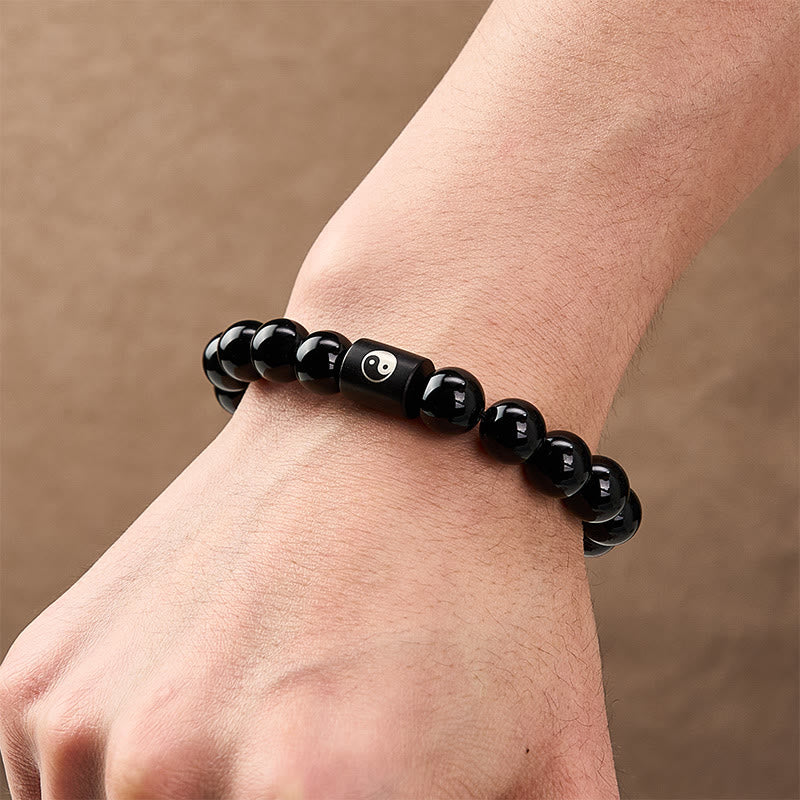 Nimara Ritual Ebony Wood Yin Yang Balance Inlaid Barrel Bead Bracelet