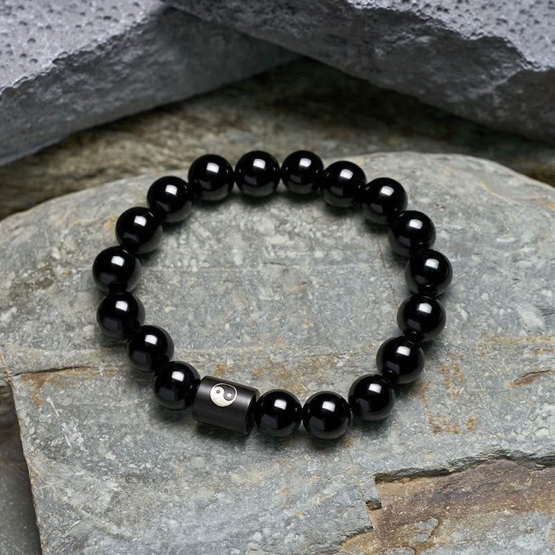 Nimara Ritual Ebony Wood Yin Yang Balance Inlaid Barrel Bead Bracelet