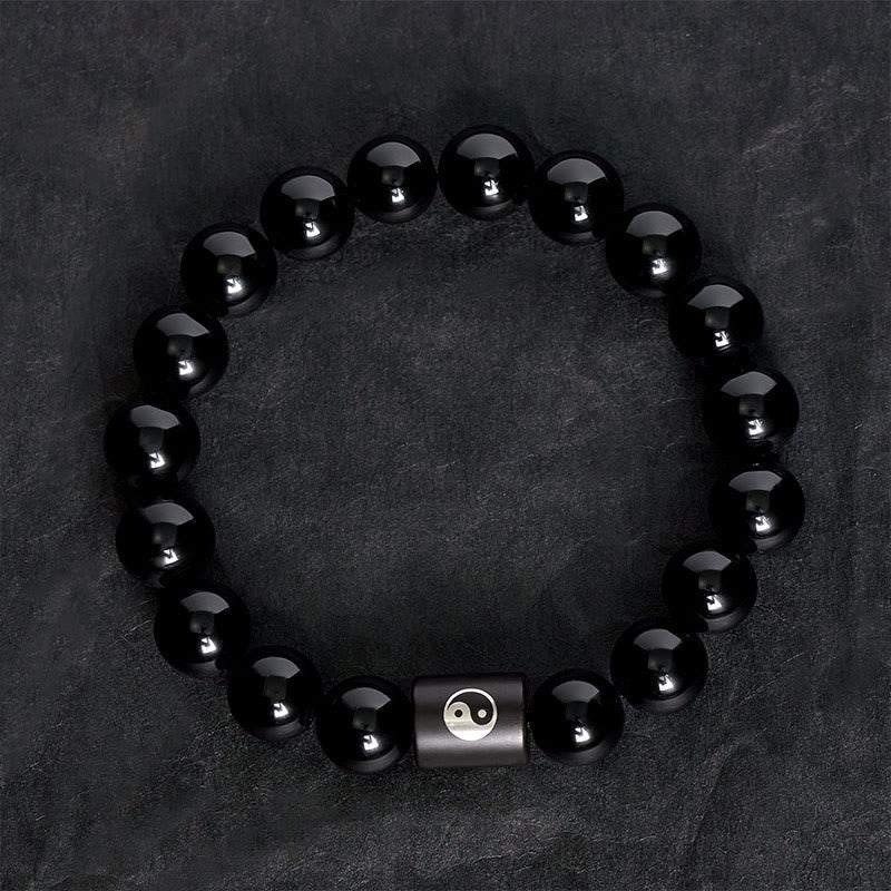 Nimara Ritual Ebony Wood Yin Yang Balance Inlaid Barrel Bead Bracelet