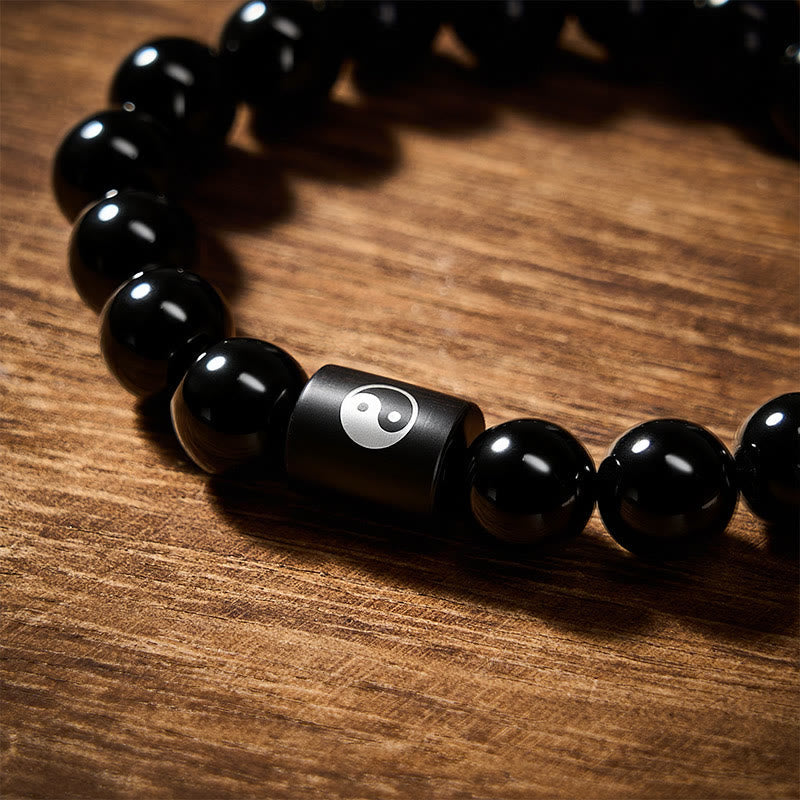 Nimara Ritual Ebony Wood Yin Yang Balance Inlaid Barrel Bead Bracelet
