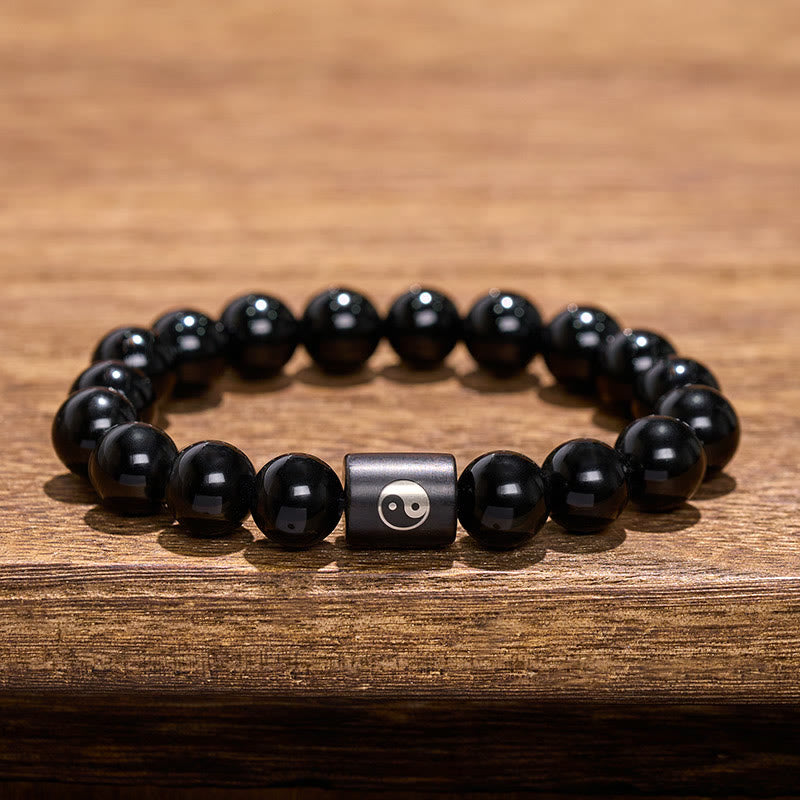 Nimara Ritual Ebony Wood Yin Yang Balance Inlaid Barrel Bead Bracelet