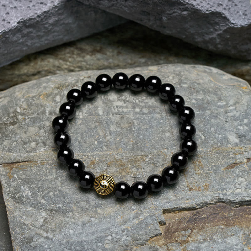 Nimara Ritual Black Onyx Bagua Balance Charm Beaded Bracelet