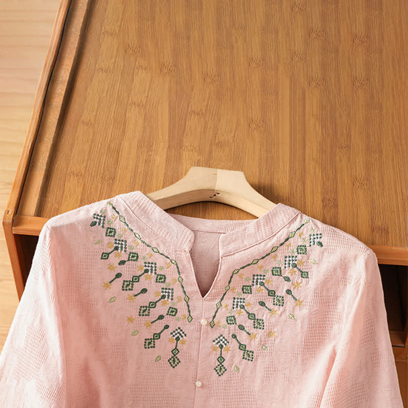 Nimara Ritual Summer Casual Boho Geometry Embroidery Floral V-Neck Women's Three-Quarter Sleeve Shirts