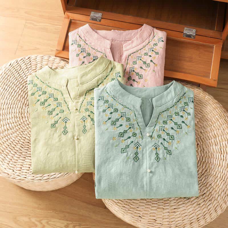 Nimara Ritual Summer Casual Boho Geometry Embroidery Floral V-Neck Women's Three-Quarter Sleeve Shirts