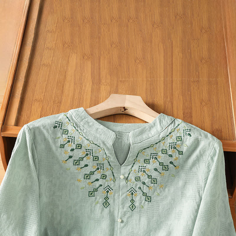 Nimara Ritual Summer Casual Boho Geometry Embroidery Floral V-Neck Women's Three-Quarter Sleeve Shirts