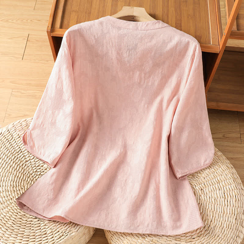 Nimara Ritual Summer Casual Boho Geometry Embroidery Floral V-Neck Women's Three-Quarter Sleeve Shirts