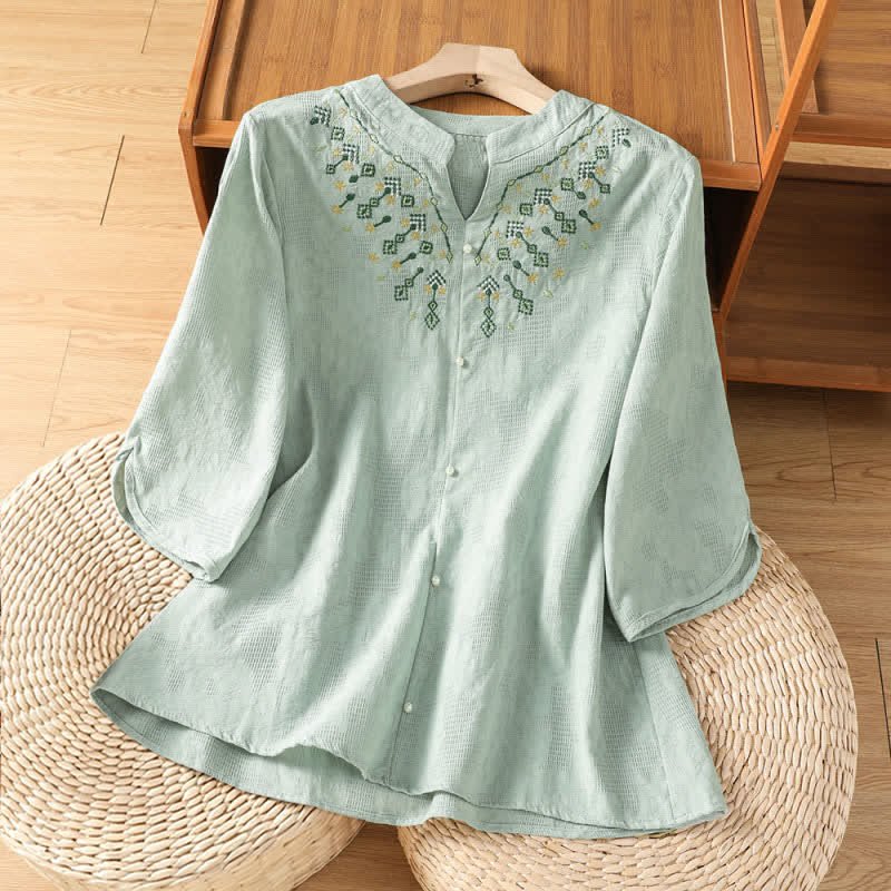 Nimara Ritual Summer Casual Boho Geometry Embroidery Floral V-Neck Women's Three-Quarter Sleeve Shirts