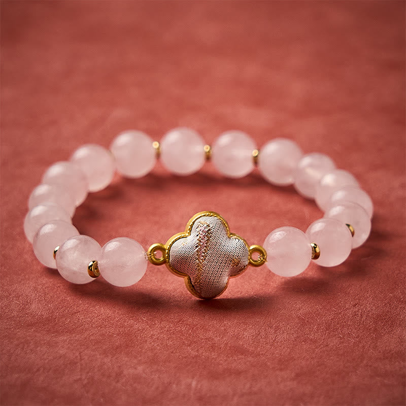 Nimara Ritual Rose Quartz Song Brocade Four-leaf Clover Blessing Handmade Charm Bracelet