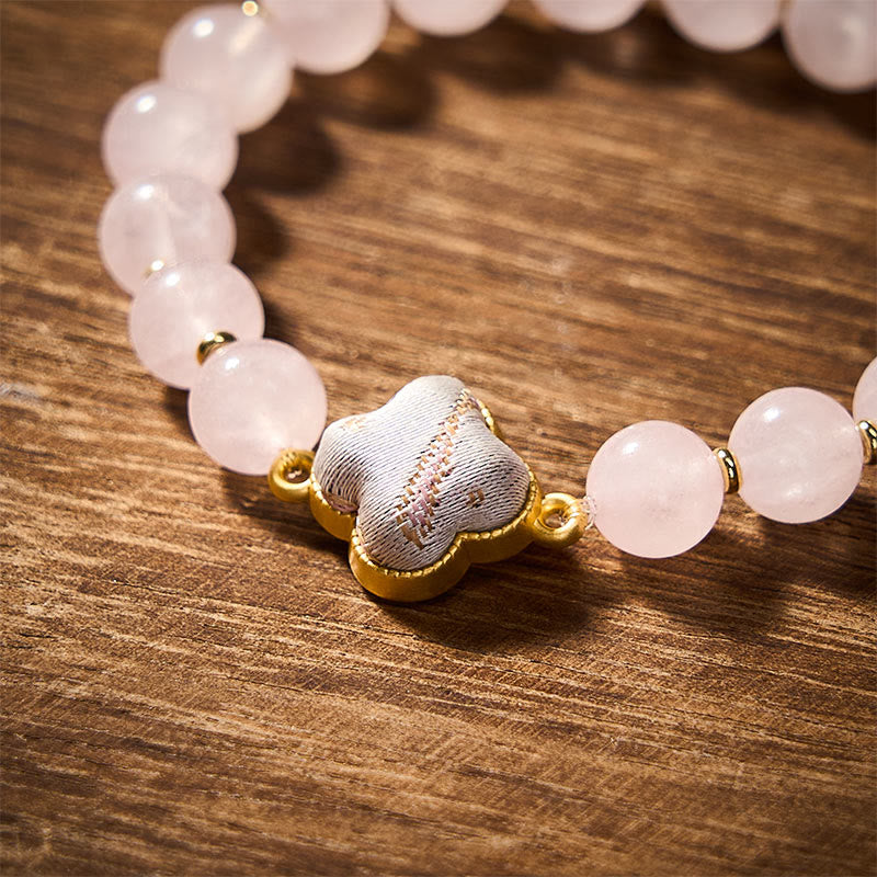 Nimara Ritual Rose Quartz Song Brocade Four-leaf Clover Blessing Handmade Charm Bracelet