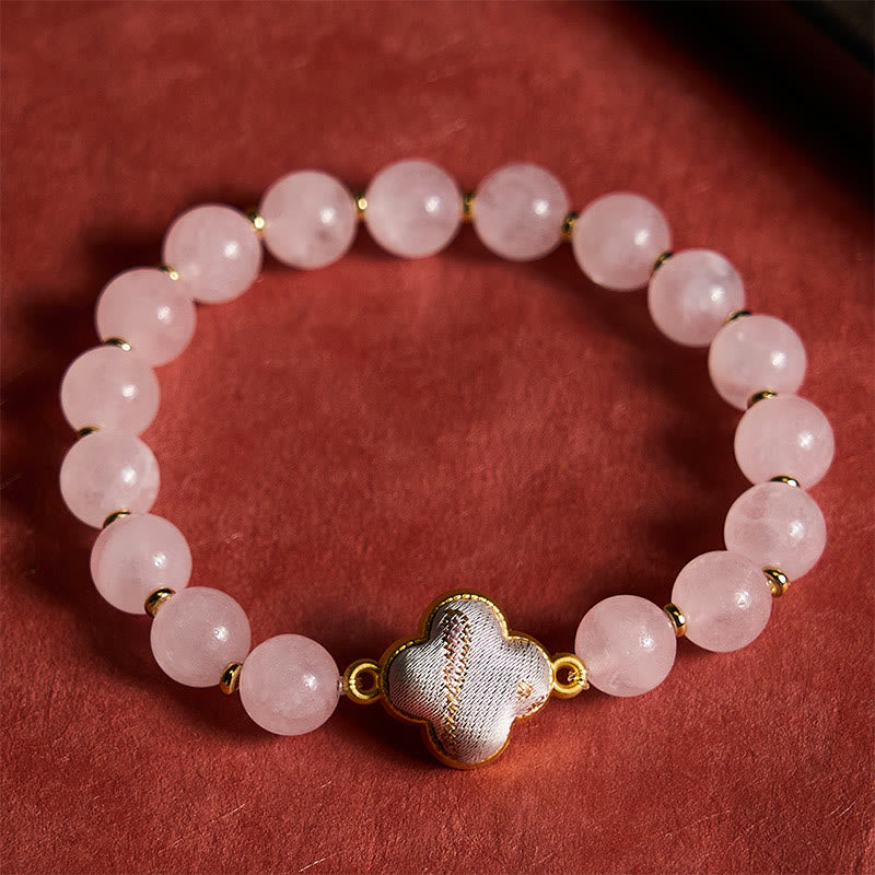 Nimara Ritual Rose Quartz Song Brocade Four-leaf Clover Blessing Handmade Charm Bracelet