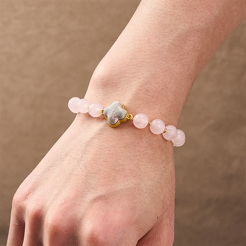 Nimara Ritual Rose Quartz Song Brocade Four-leaf Clover Blessing Handmade Charm Bracelet