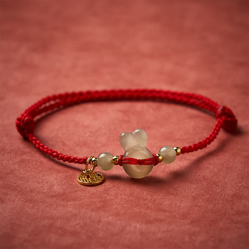 Nimara Ritual Hetian Jade Rabbit-Head Peace Buckle Fu Character Grounding Red String Vintage Bracelet