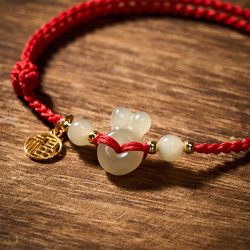 Nimara Ritual Hetian Jade Rabbit-Head Peace Buckle Fu Character Grounding Red String Vintage Bracelet
