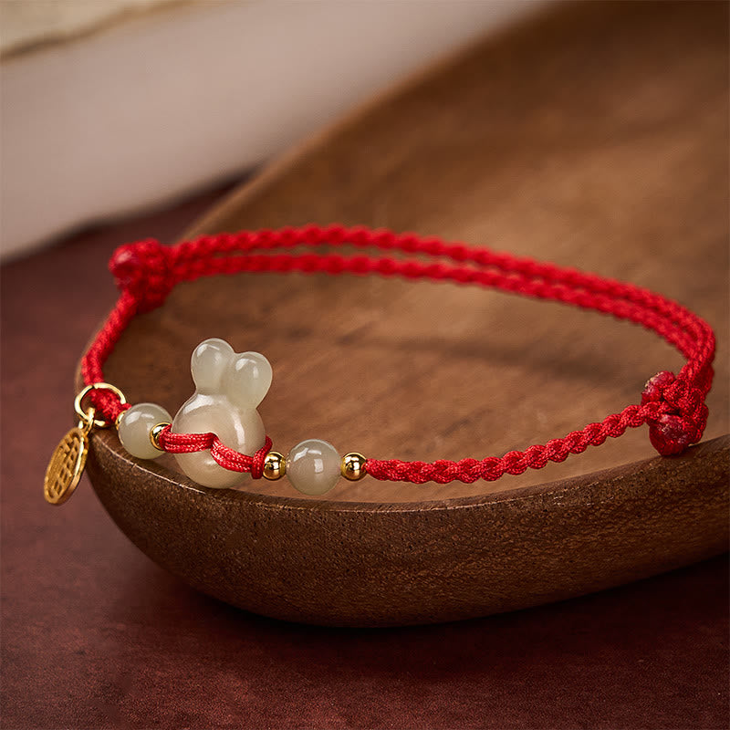 Nimara Ritual Hetian Jade Rabbit-Head Peace Buckle Fu Character Grounding Red String Vintage Bracelet